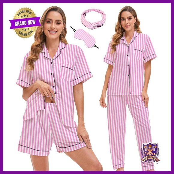 3-Piece Button-Up Pajama Set Soft Shorts & Pants Short Sleeve Sleepwear